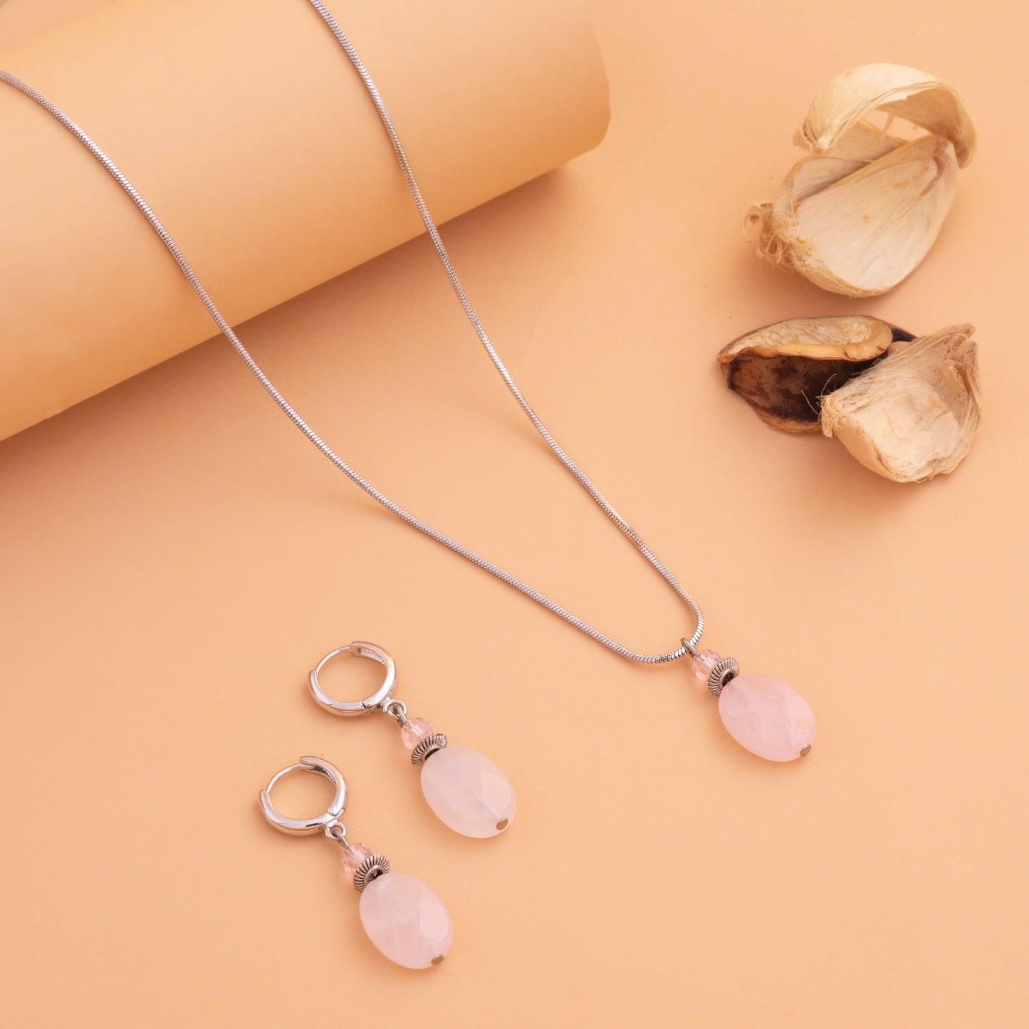 Rose quartz crystal Pendant Set