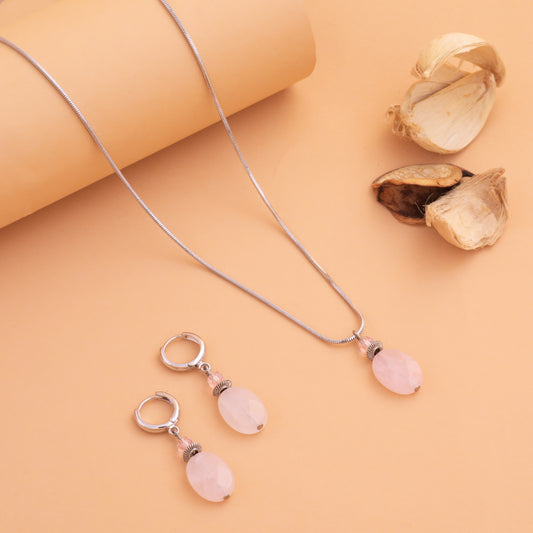 Rose quartz crystal Pendant Set
