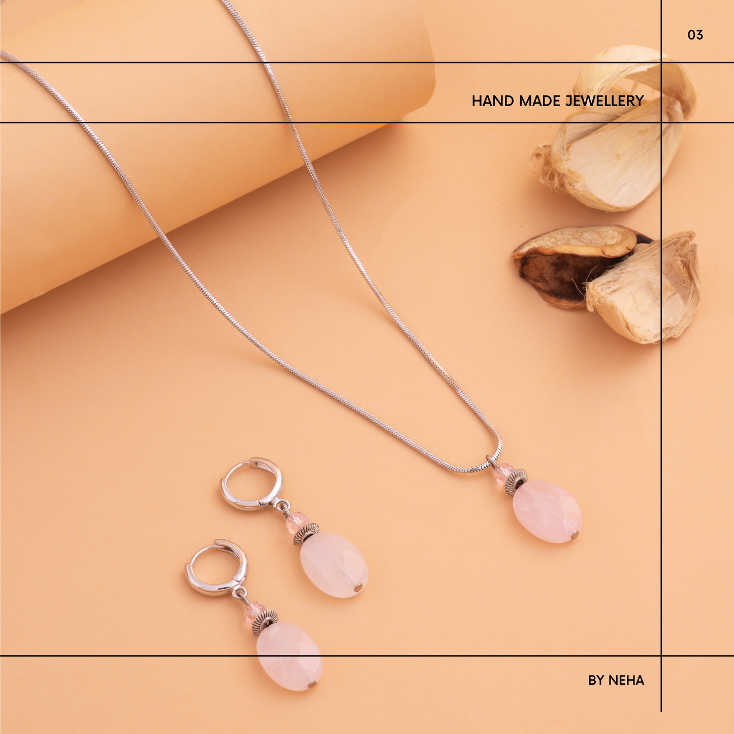 Rose quartz crystal Pendant Set